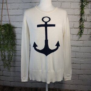 C&C CALIFORNIA WOMENS WHITE SWEATER WITH NAUTICAL ANCHOR DESIGN, SIZE SMALL